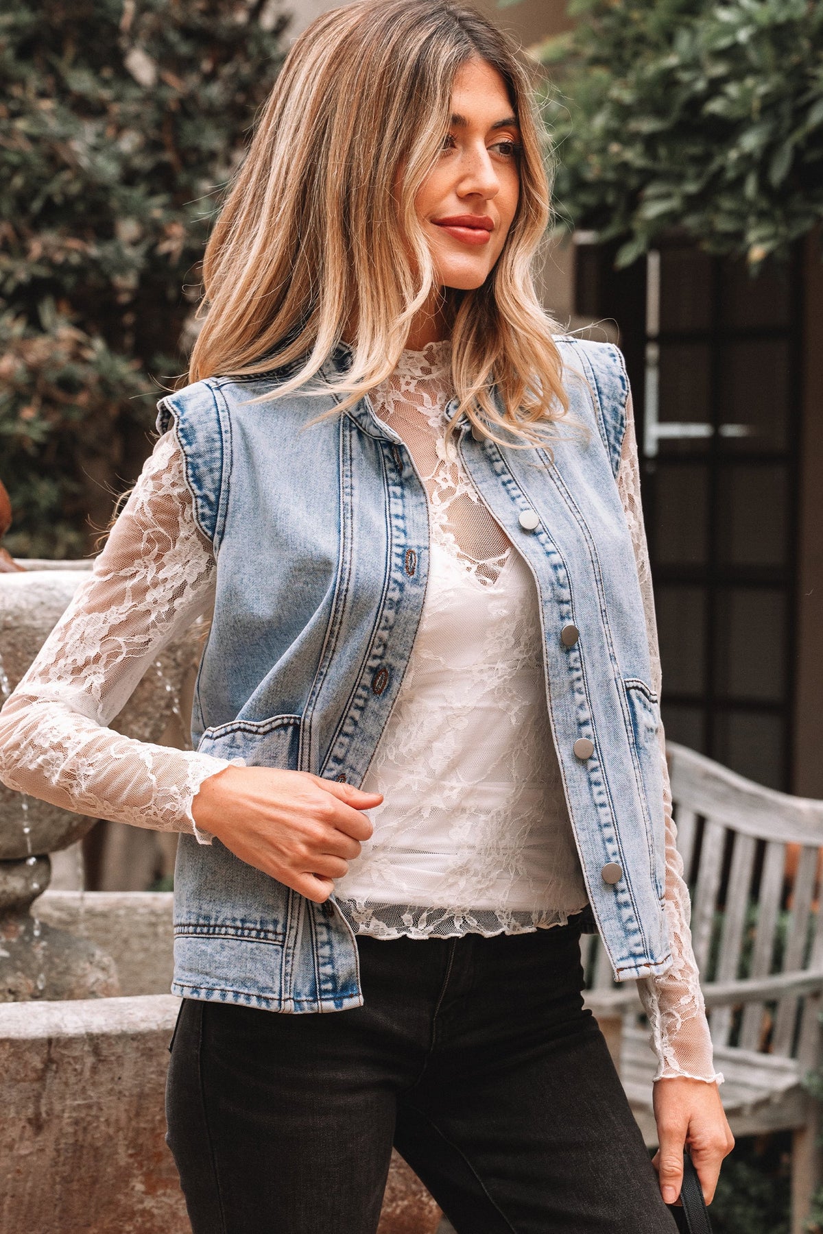 Denim Button-Front Scallop Trim Patch Pocket Vest