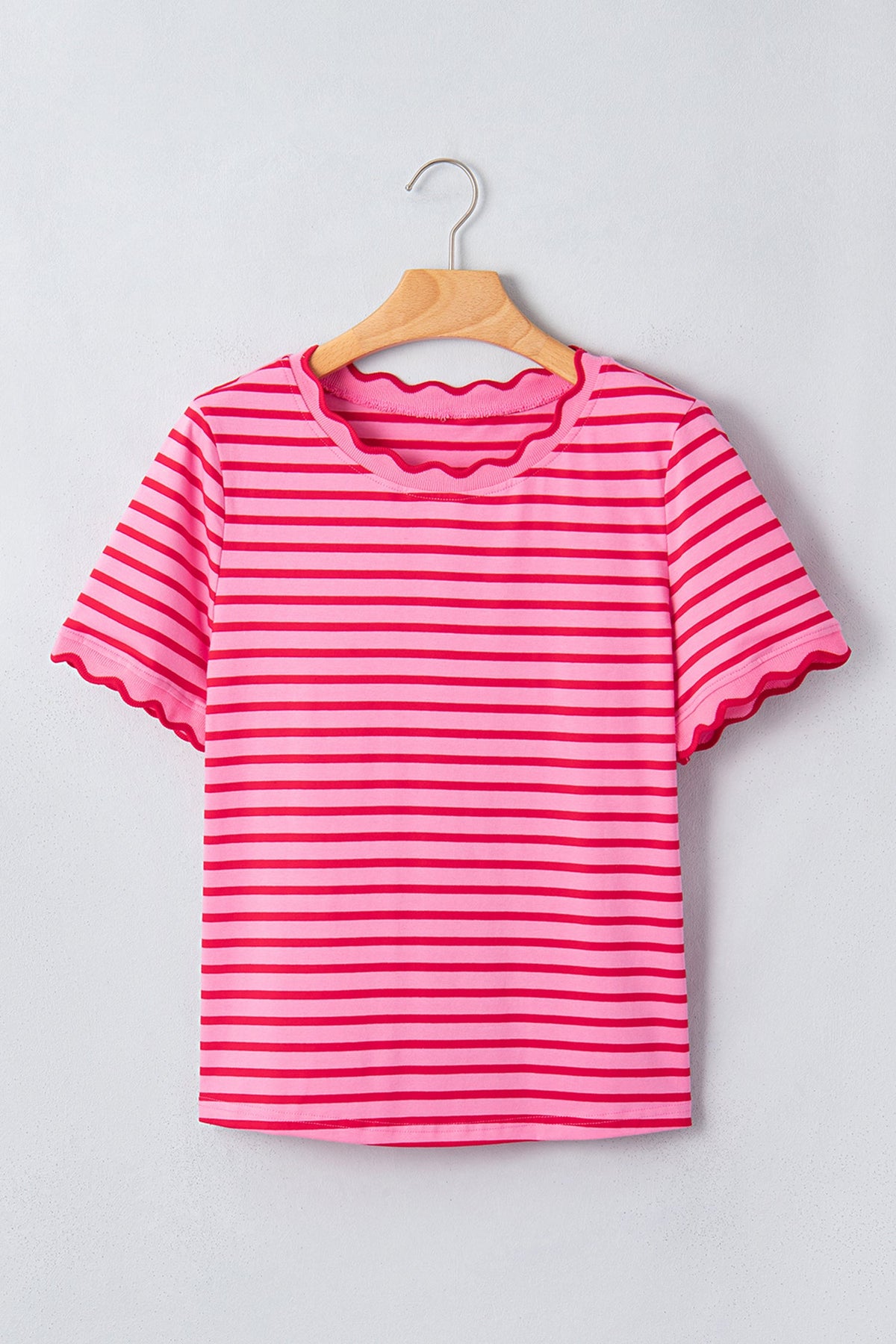 Stripe Scallop Trim Round Neck T-Shirt