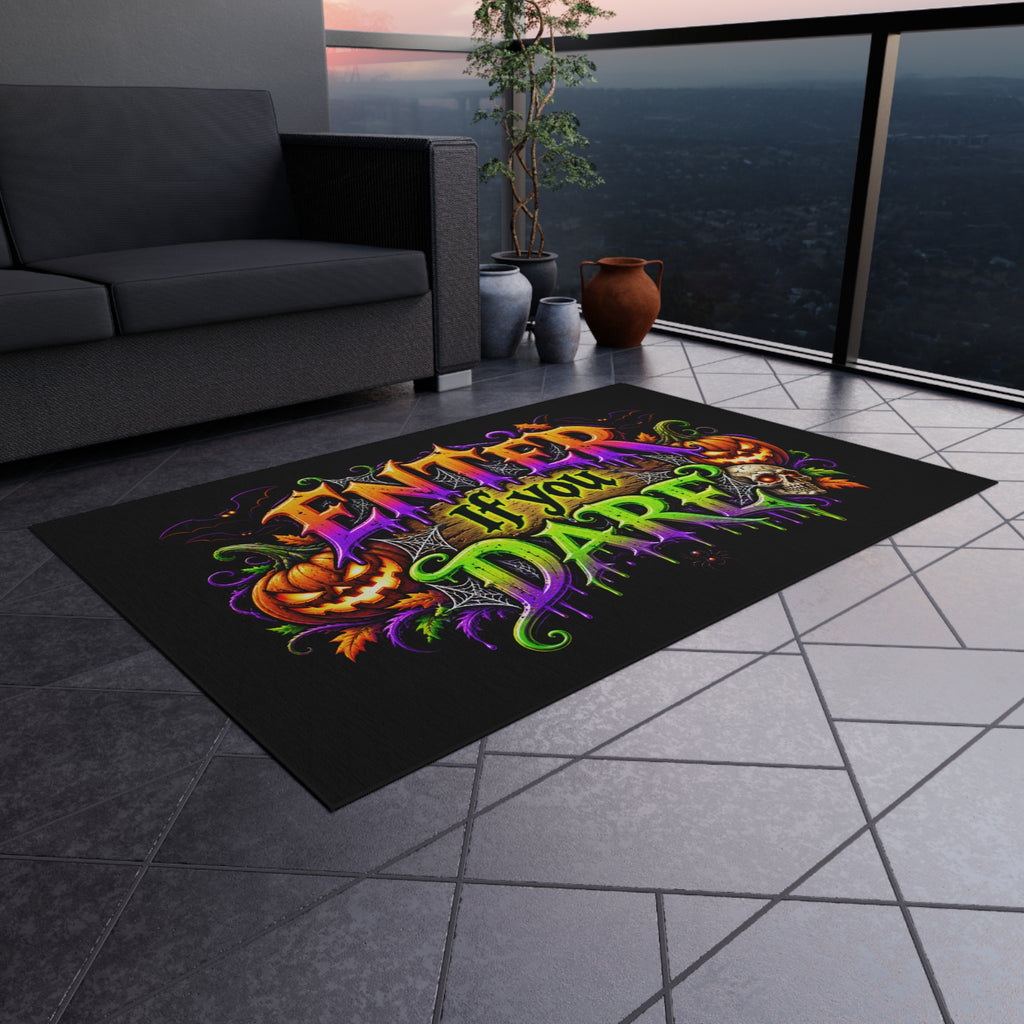 Outdoor Rug — "Enter If You Dare" Halloween Doormat with Pumpkins & Skull