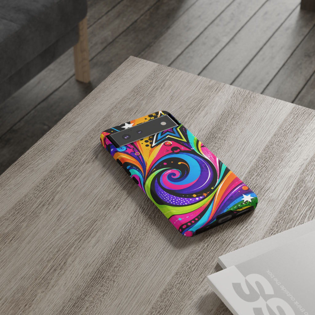 Psychedelic Swirl Phone Case — Bold Retro Stars & Neon Pop Art Tough Case