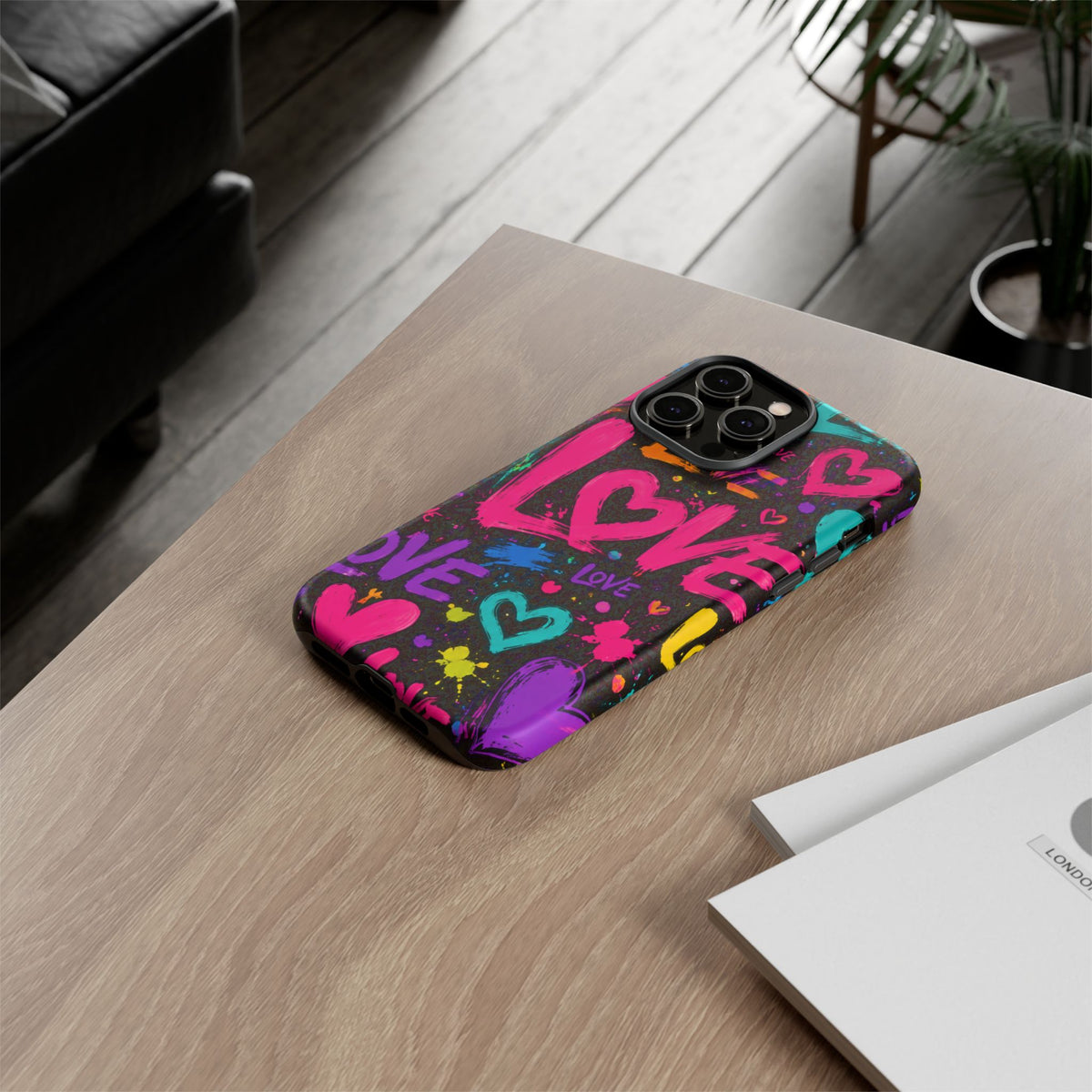 Phone Case — Neon Graffiti "Love" Hearts Protective Tough Case