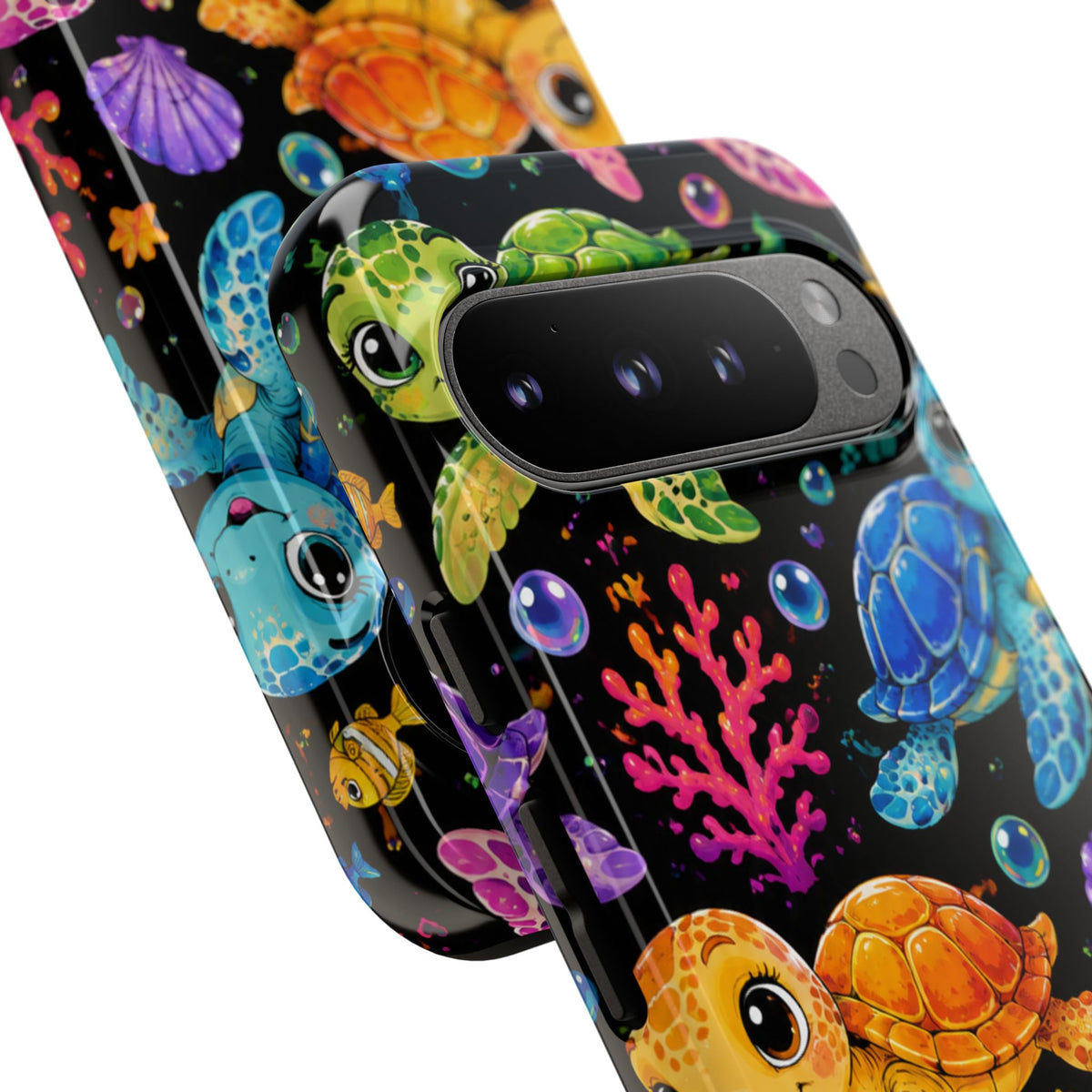 Phone Case — Colorful Cute Sea Turtles on Black (Protective Smartphone Cover)