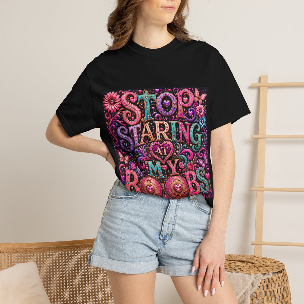 Stop Staring At My Boobs T-Shirt | Funny Retro Floral Typography