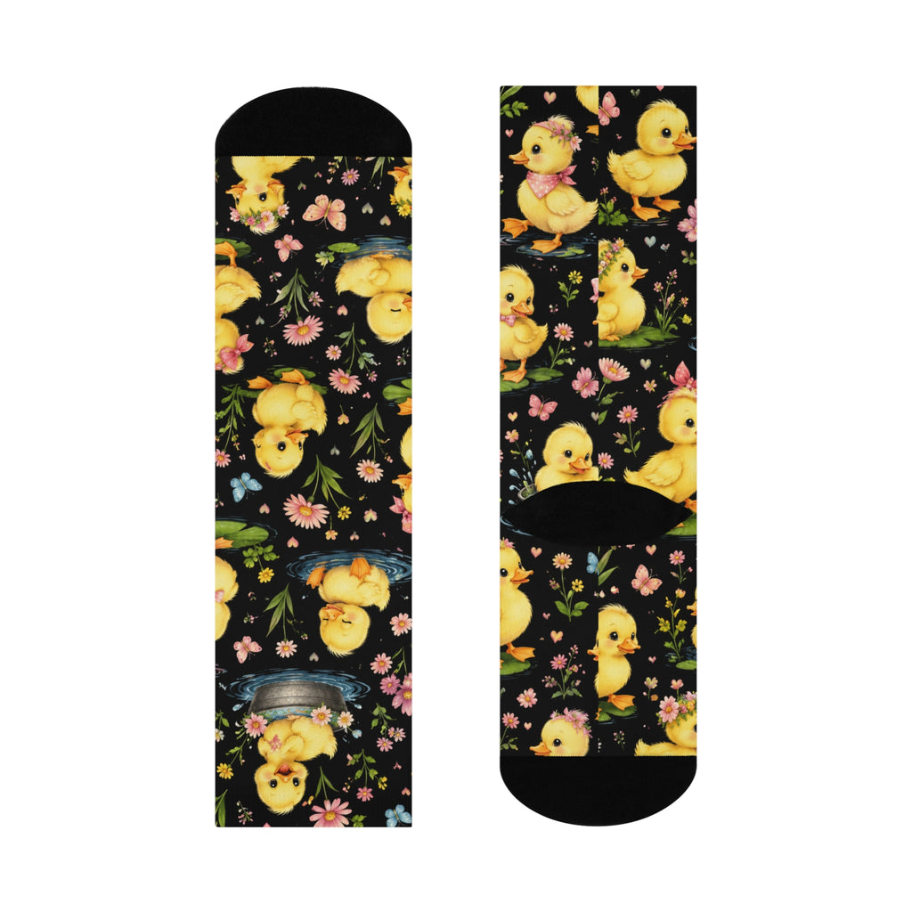Crew Socks — Vintage Yellow Chicks Floral Pattern (Easter Spring)