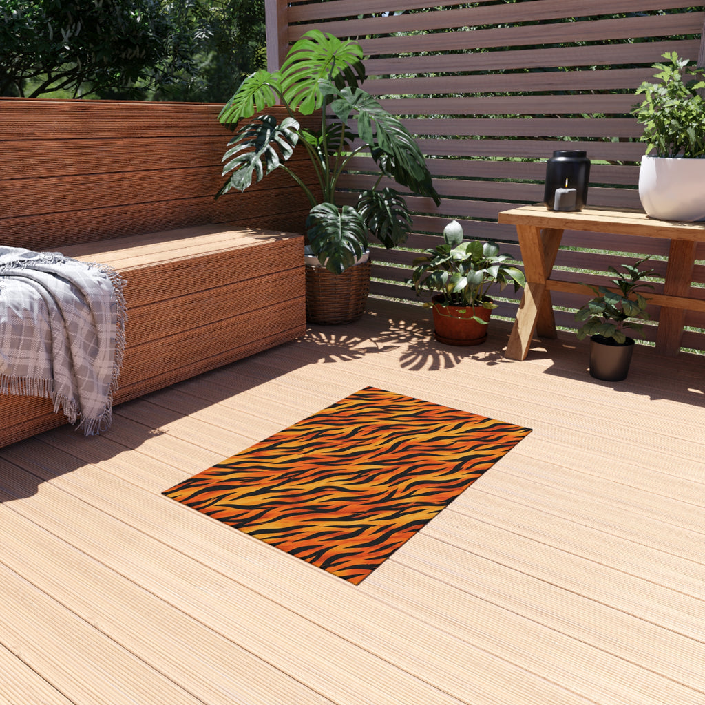 Tiger Stripe Outdoor Rug — Bold Orange Animal Print Patio Mat