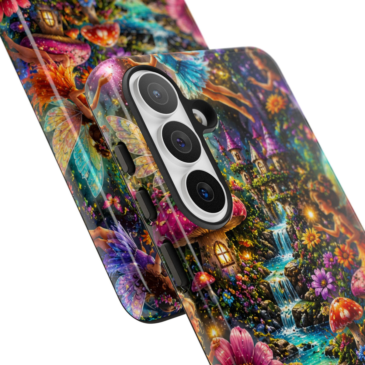 Fairy Garden Tough Phone Case — Whimsical Cottage, Waterfall & Mushroom Artwork