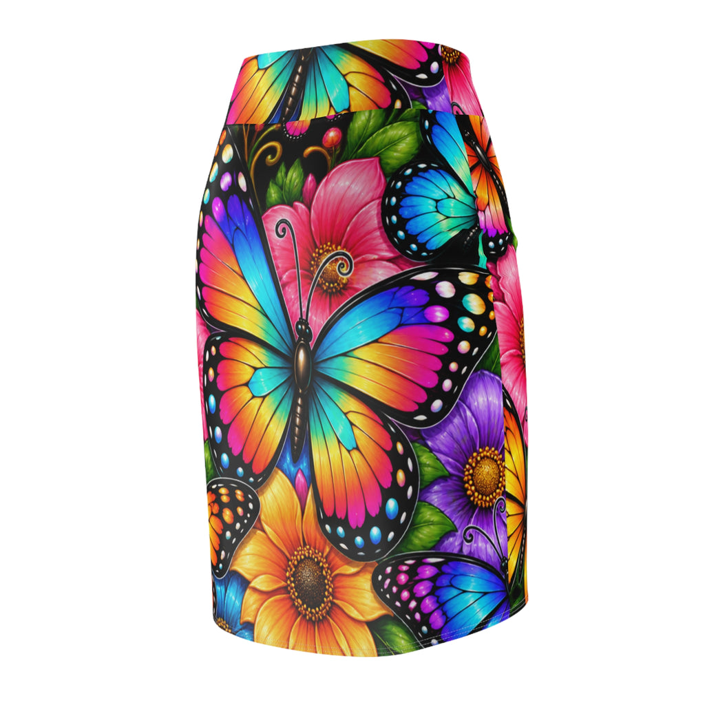 Vibrant Butterfly Floral Pencil Skirt — Colorful All-Over Print