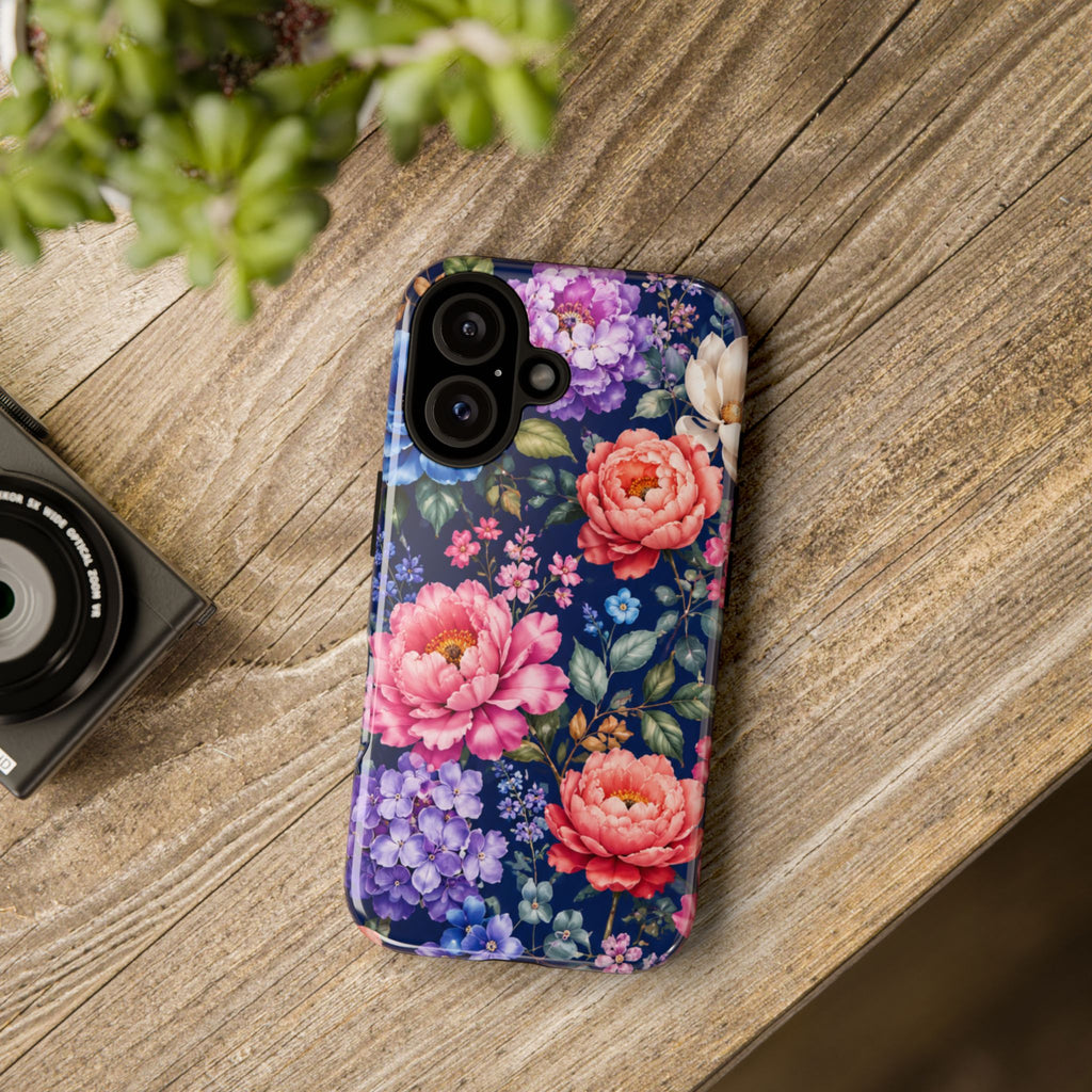 Floral Tough Phone Case – Vibrant Garden Flowers on Navy