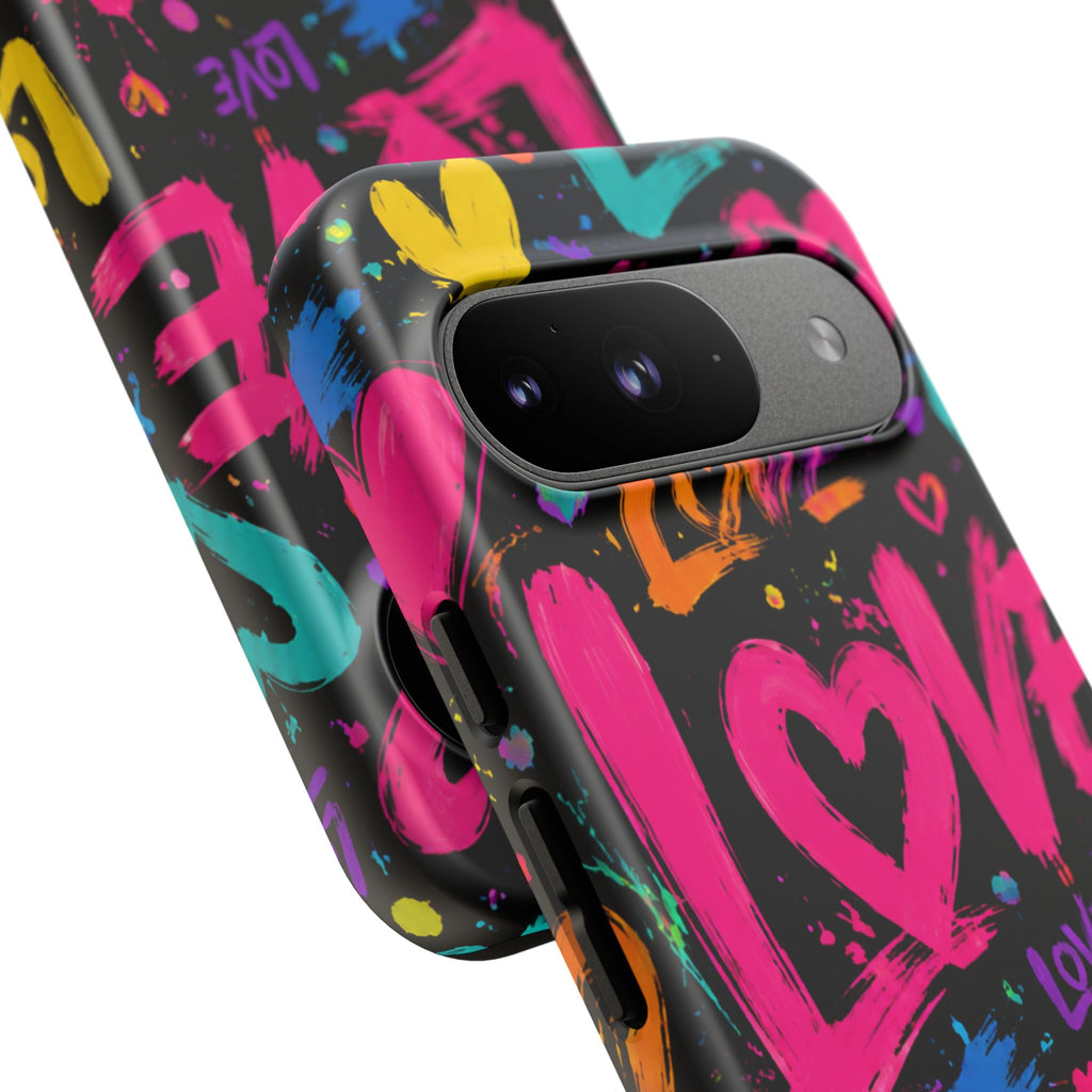 Phone Case — Neon Graffiti "Love" Hearts Protective Tough Case