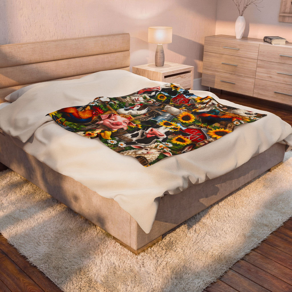 Farm Animal Velveteen Plush Blanket – Colorful Barnyard Rooster, Cow & Pig Throw