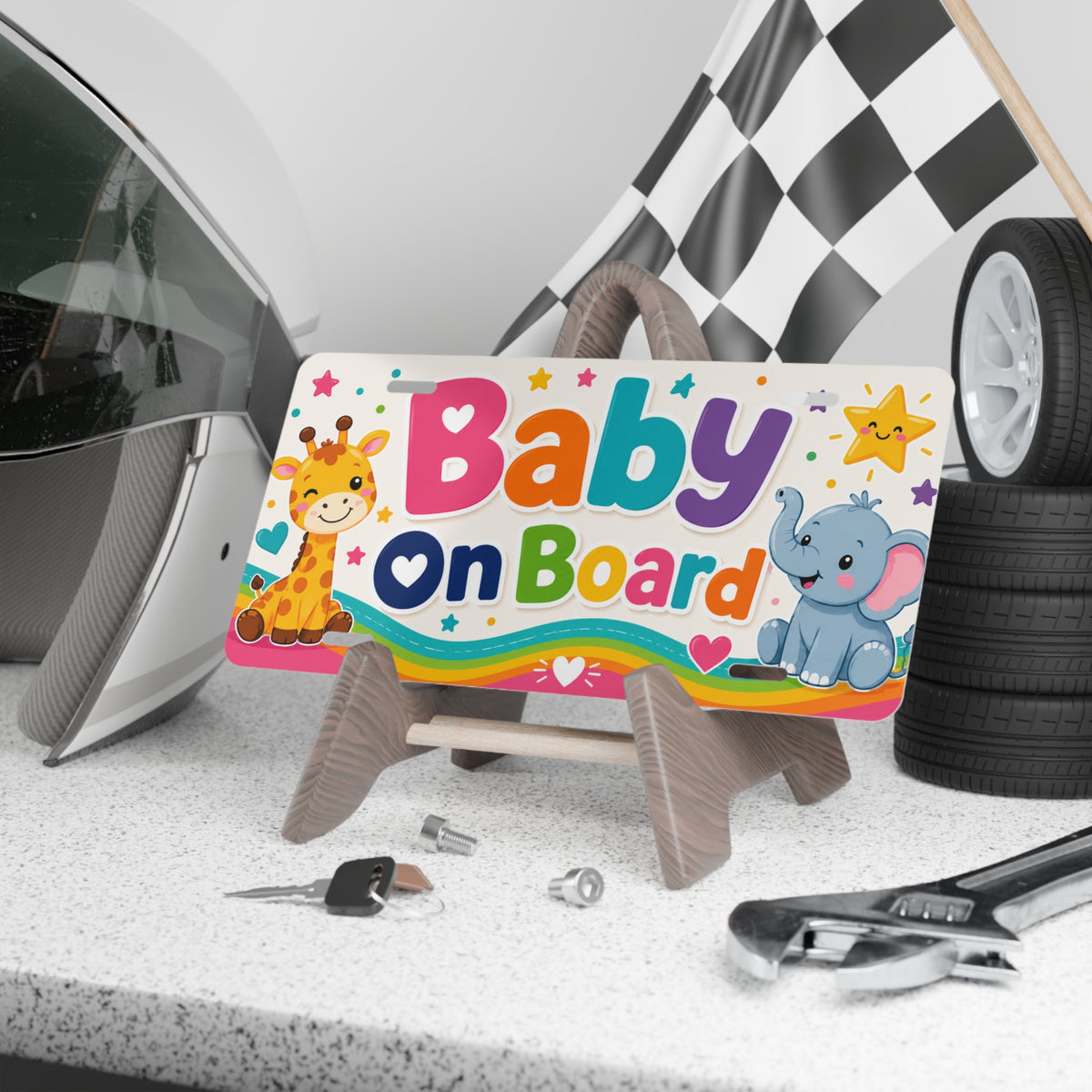 Baby on Board Vanity Plate | Cute Giraffe Elephant Nursery Design