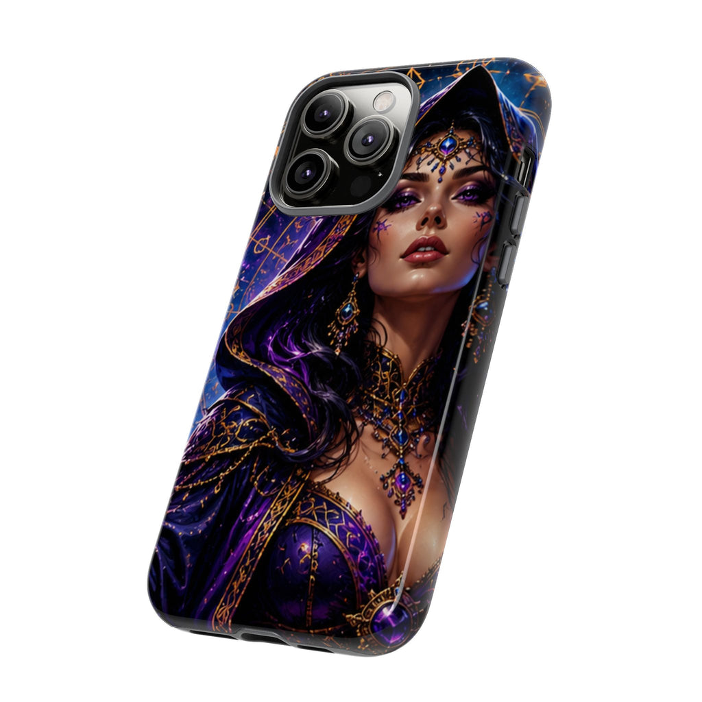 Phone Case — Mystical Sorceress Art Protective Tough Case (Astrology, Purple Hooded Witch)