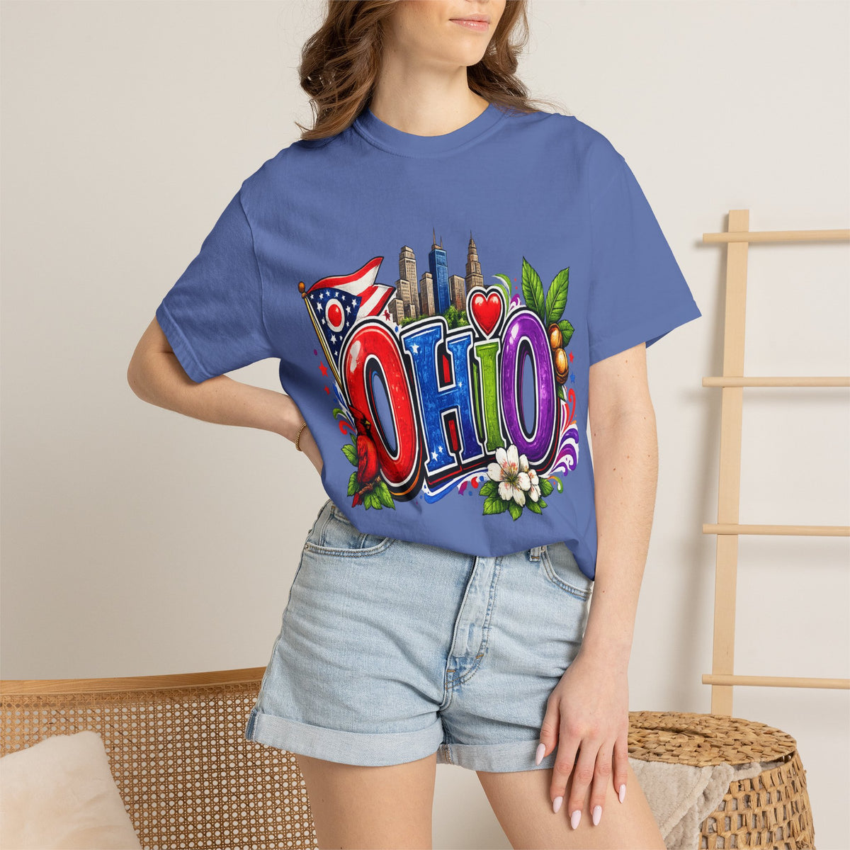 Ohio State Skyline Graphic T-shirt | State Flag Floral Design