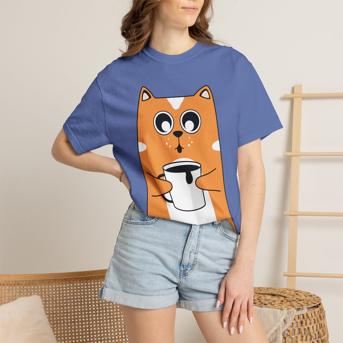 Coffee Cat T-Shirt — Cute Cat Holding Coffee Mug, “My morning doesn’t start until the coffee clocks in” Tee