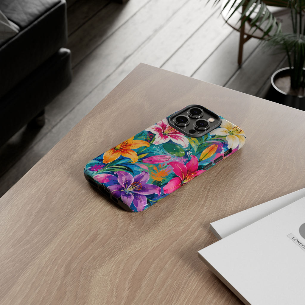 Floral Lily Tough Phone Case — Colorful Tropical Flower Protective Cover