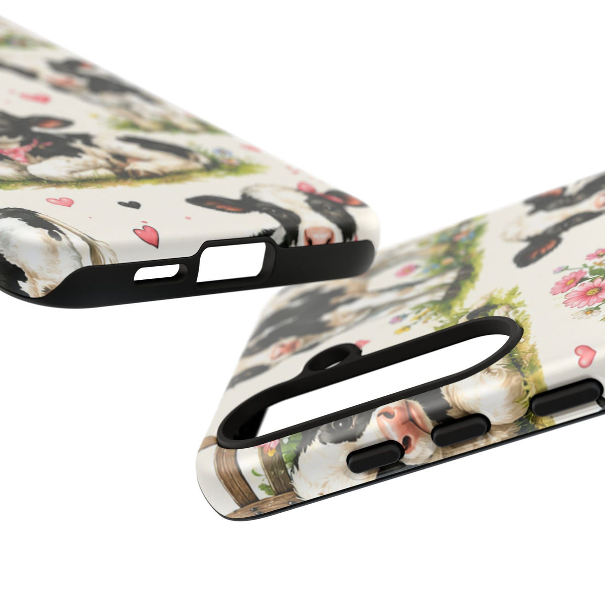 Cute Calf Pattern Phone Case – Pastel Cow Hearts & Flowers Protective Cover