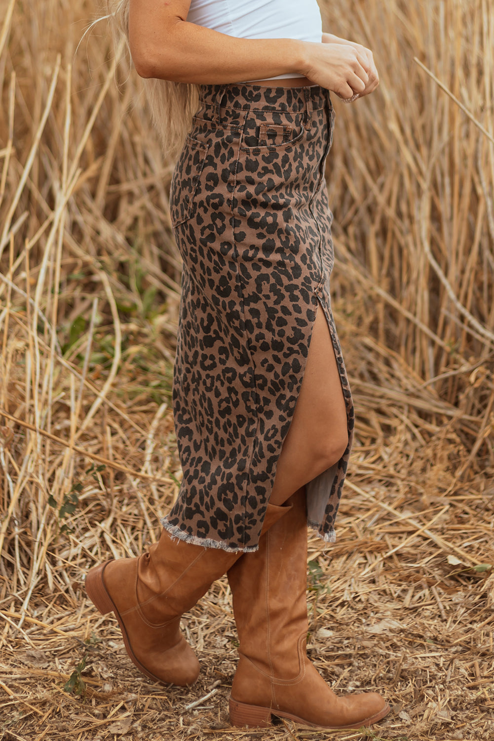 Leopard Denim Frayed Hem Midi Skirt