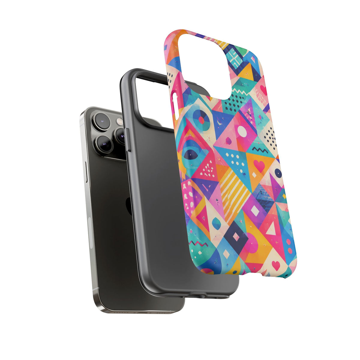 Colorful Geometric Tough Phone Case — Bright Abstract Heart & Triangle Pattern
