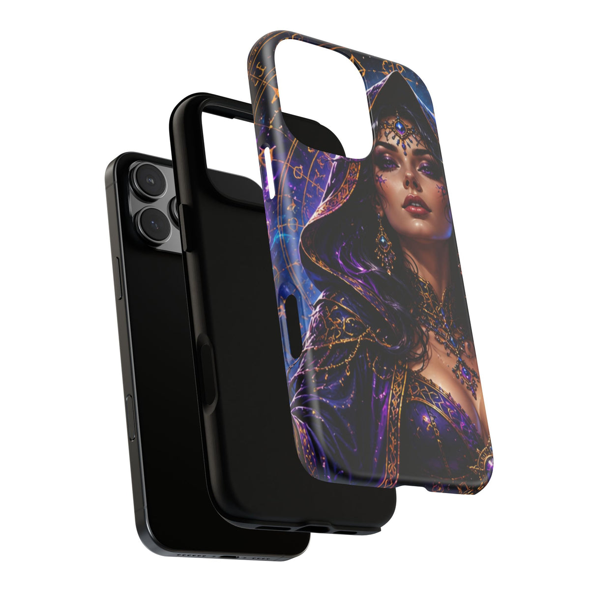 Phone Case — Mystical Sorceress Art Protective Tough Case (Astrology, Purple Hooded Witch)