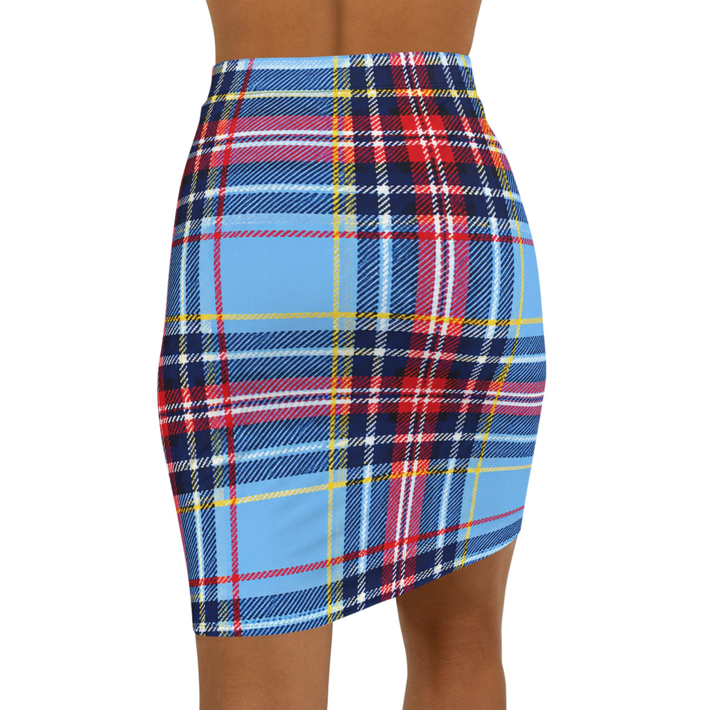 Blue Tartan Pencil Skirt — Plaid Mid-Rise Bodycon Skirt