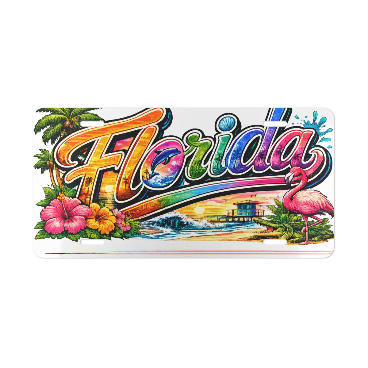 Florida Tropical Script Vanity Plate | Flamingo Hibiscus Beach Scene