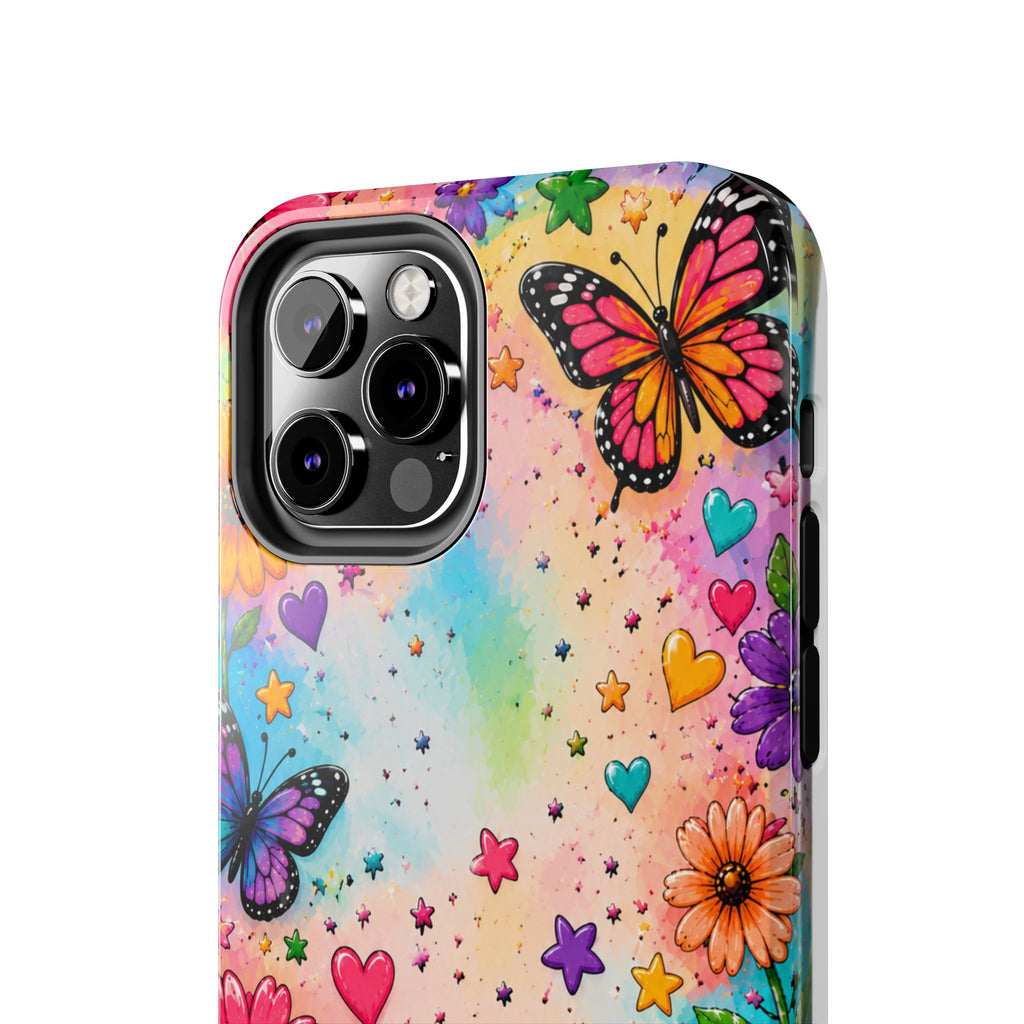 Colorful Butterflies and Flowers Tough Phone Case | Rainbow Hearts Stars