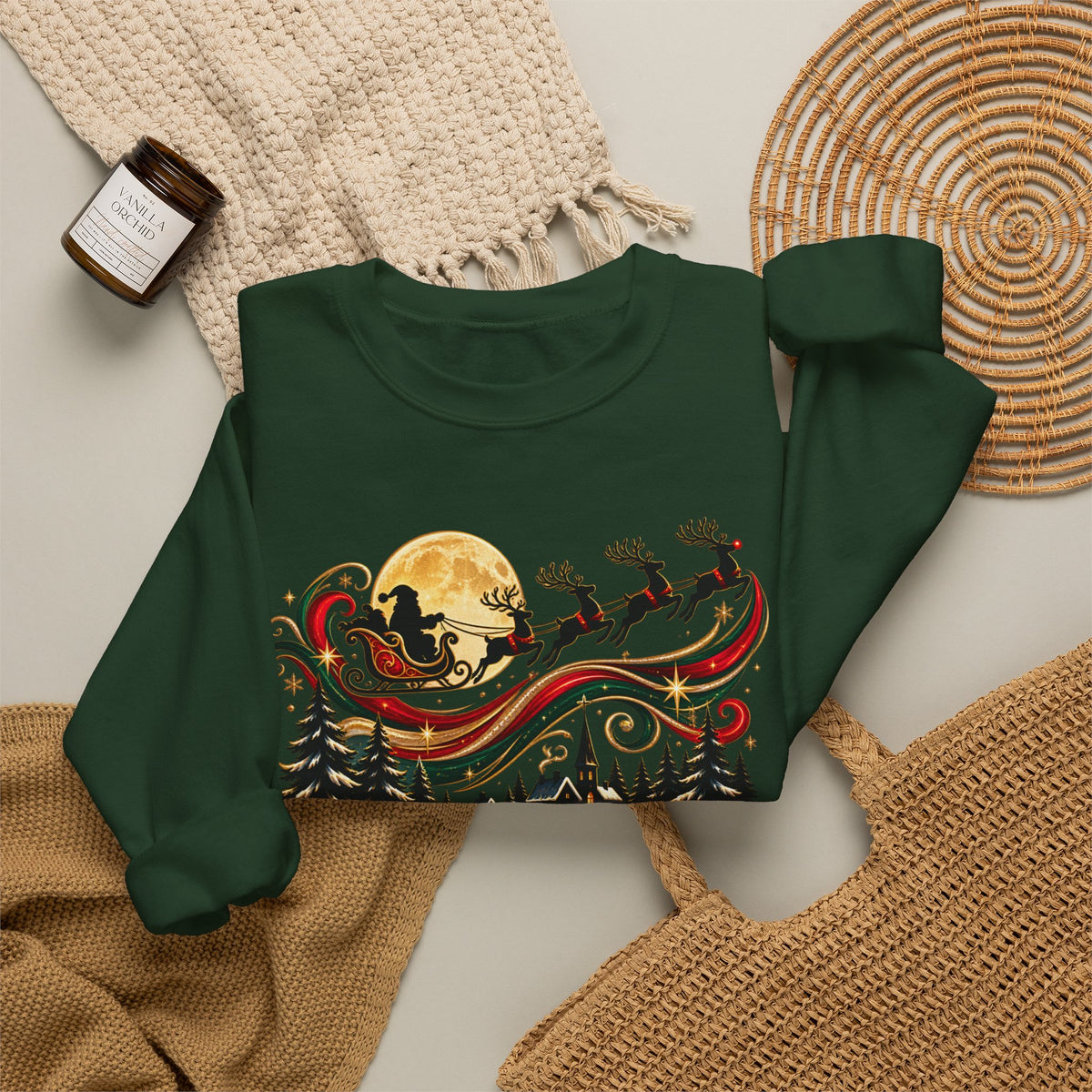 Christmas Sleigh Crewneck Sweatshirt - Santa Reindeer Moon Holiday Design