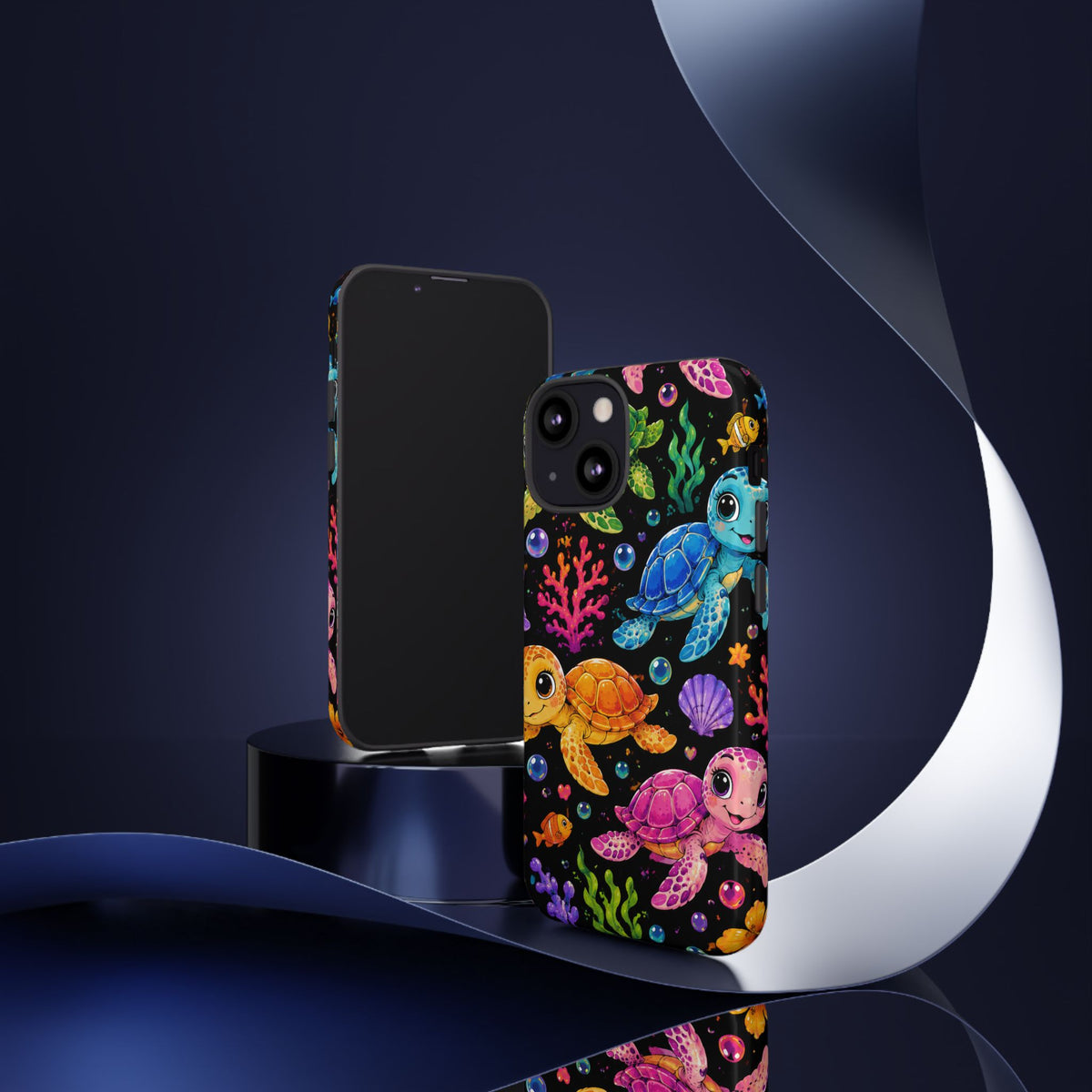 Phone Case — Colorful Cute Sea Turtles on Black (Protective Smartphone Cover)