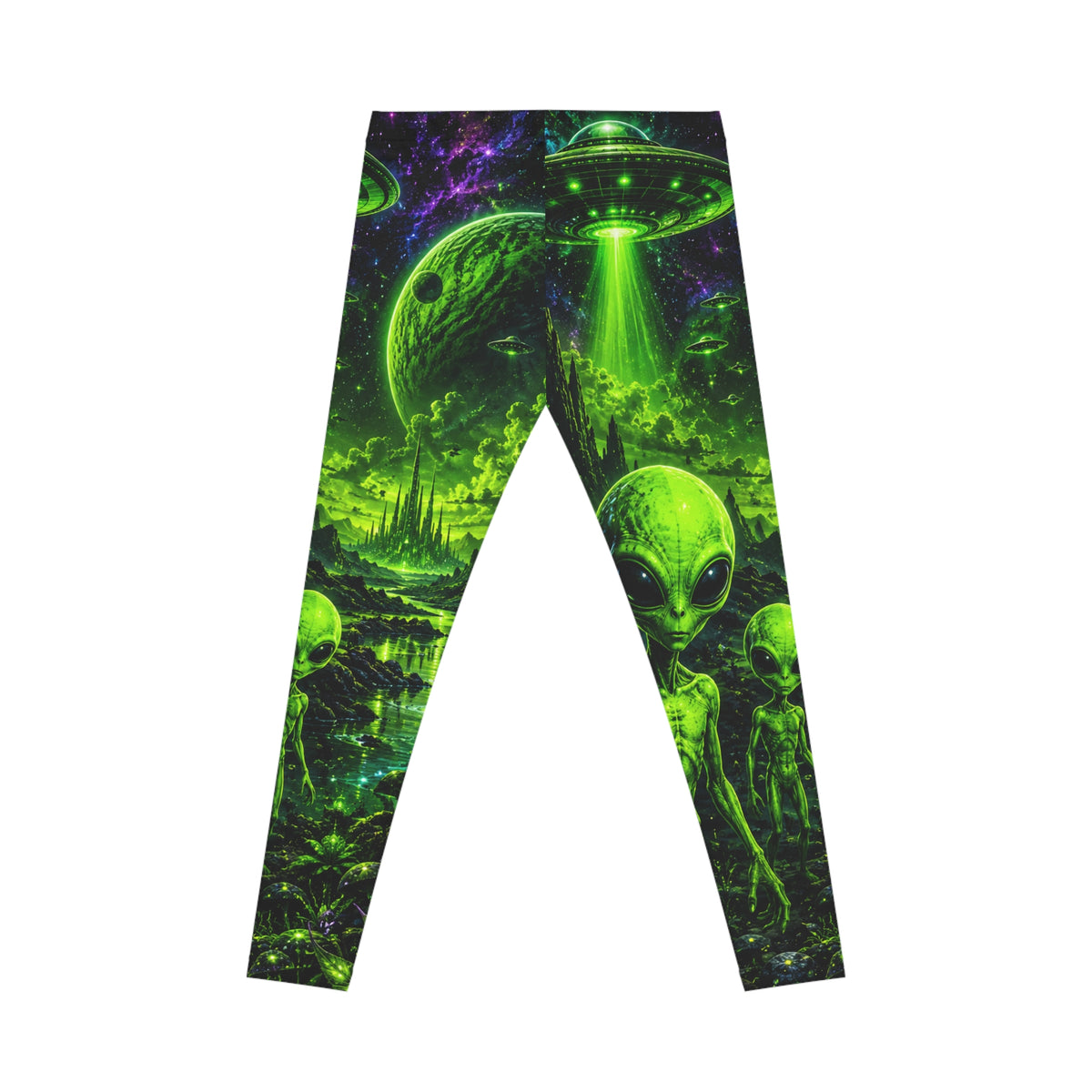 Neon Alien Leggings — Glow Green UFO & Extraterrestrial All-Over Print