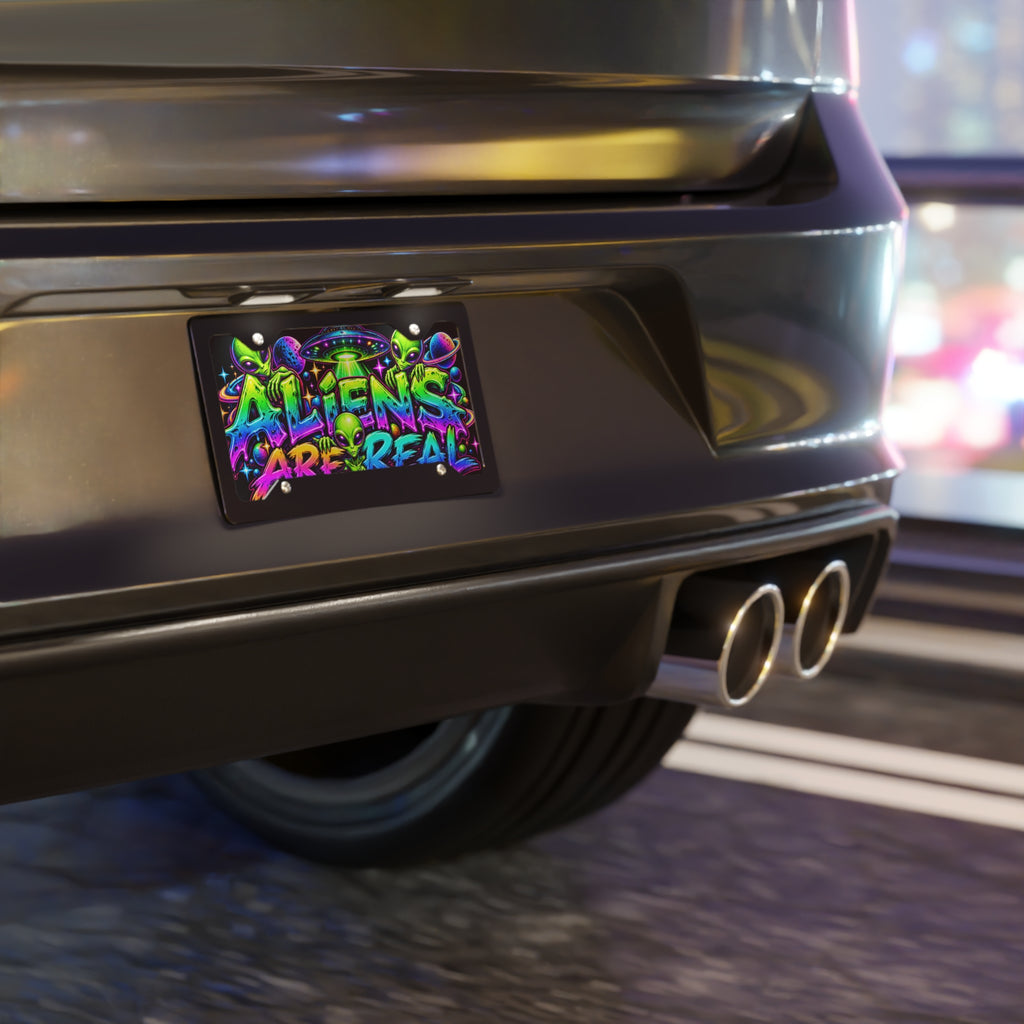 Aliens Are Real Vanity Plate — Neon UFO License Tag
