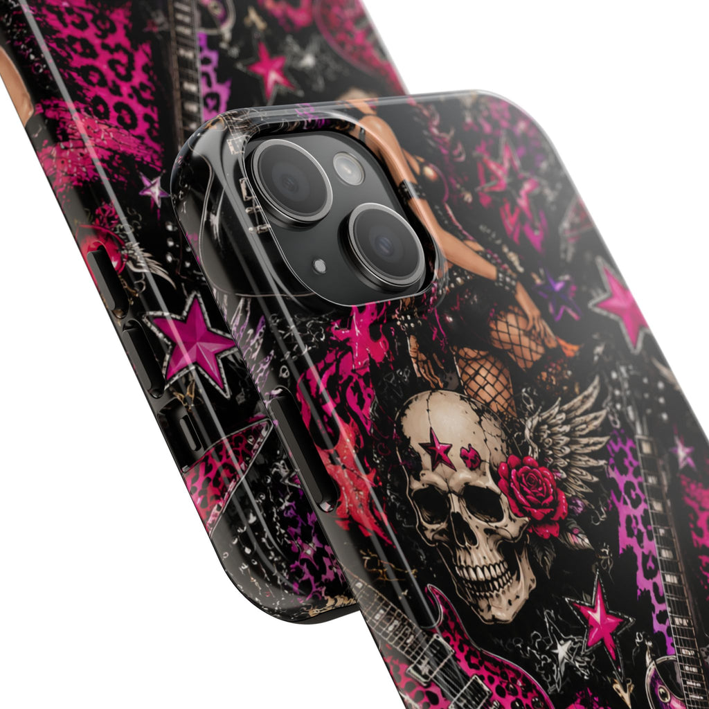 Rock Skull Guitar Phone Case — Edgy Pink Skull & Roses Tough Phone Case
