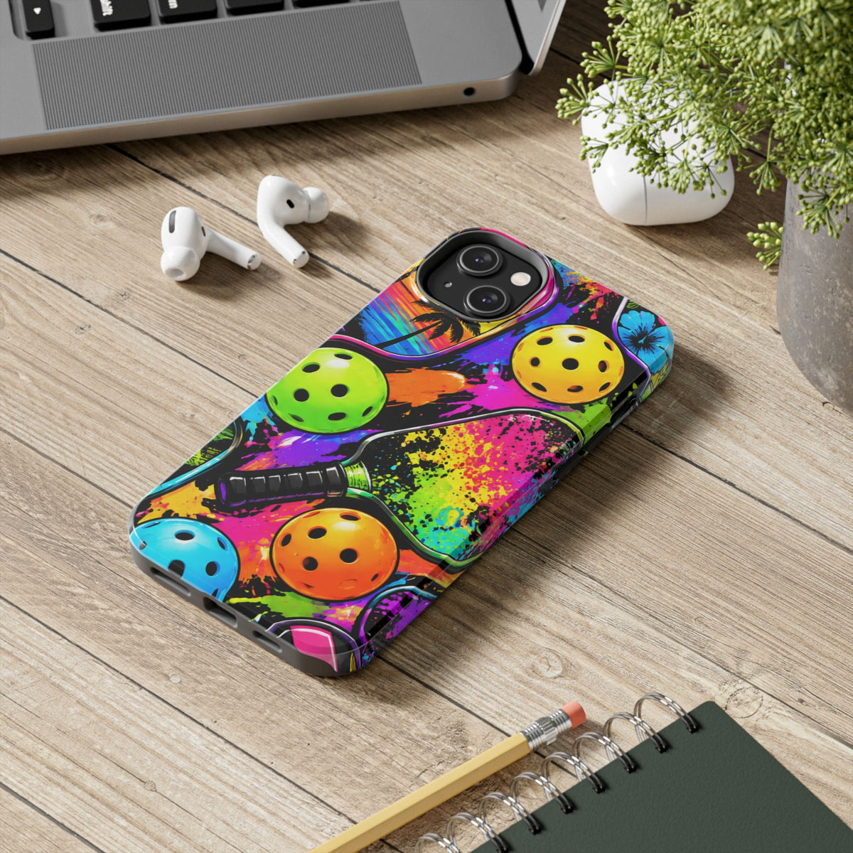 Pickleball Splash Tough Phone Case — Neon Paddle & Ball Protective Cover