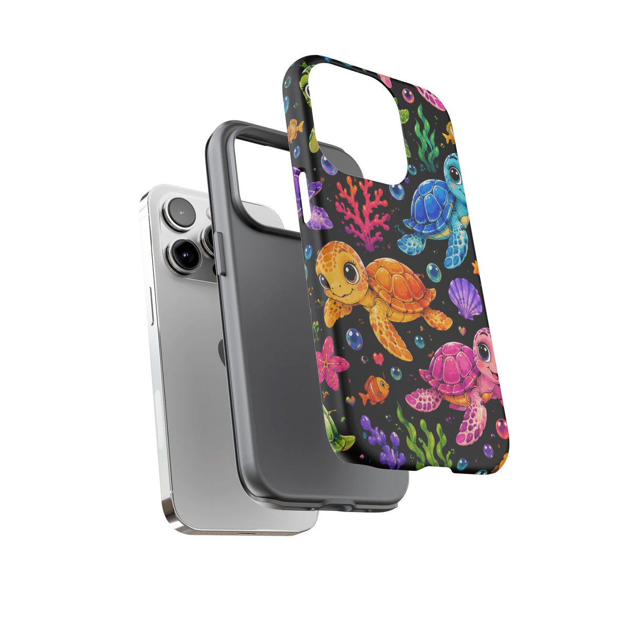Phone Case — Colorful Cute Sea Turtles on Black (Protective Smartphone Cover)