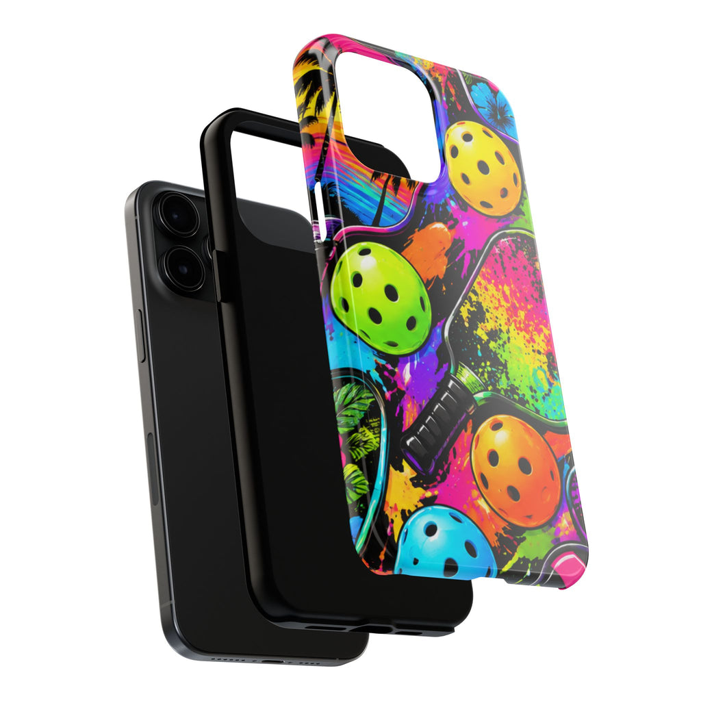 Pickleball Splash Tough Phone Case — Neon Paddle & Ball Protective Cover
