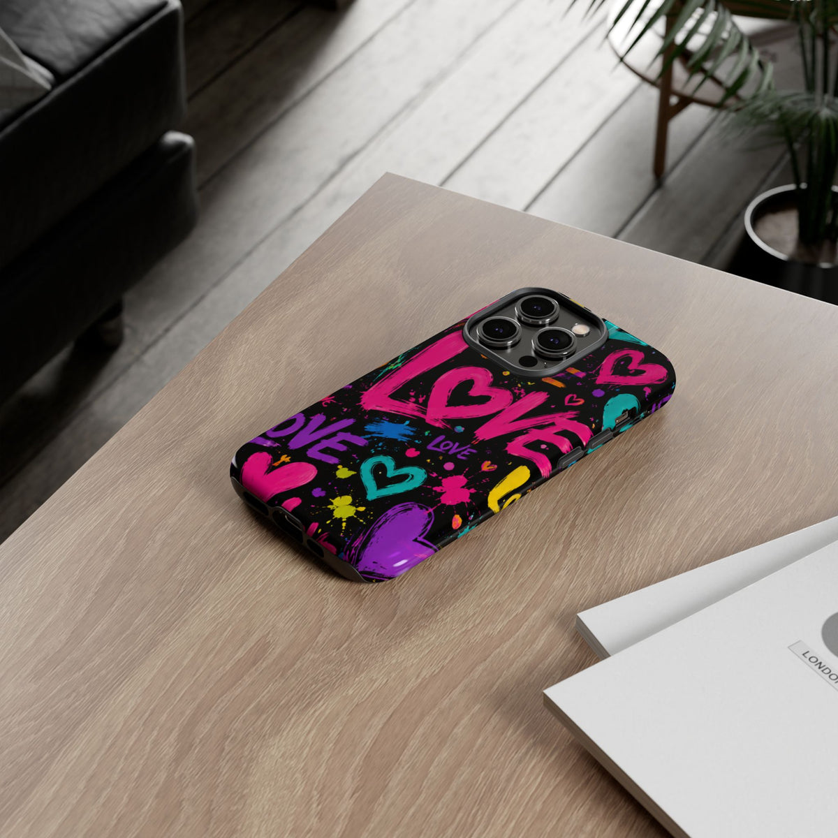 Phone Case — Neon Graffiti "Love" Hearts Protective Tough Case
