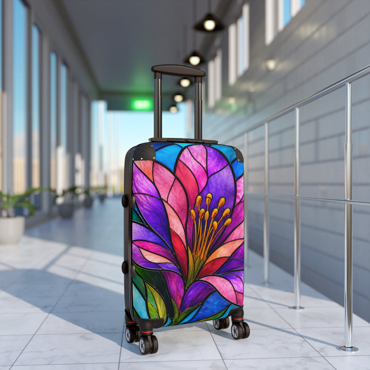 Floral Stained Glass Carry-On Suitcase — Vibrant Pink & Purple Travel Luggage