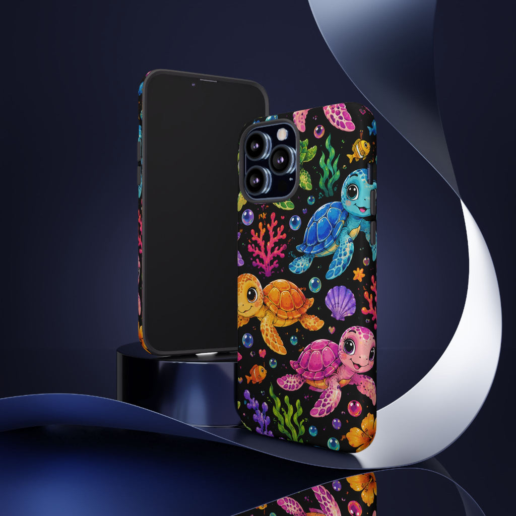 Phone Case — Colorful Cute Sea Turtles on Black (Protective Smartphone Cover)