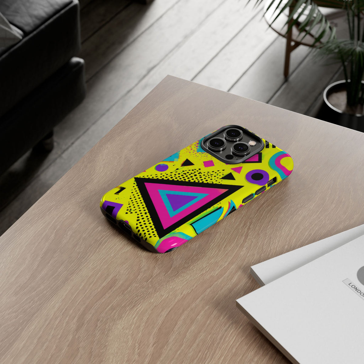 Retro 80s Geometric Phone Case — Neon Memphis Triangle Design