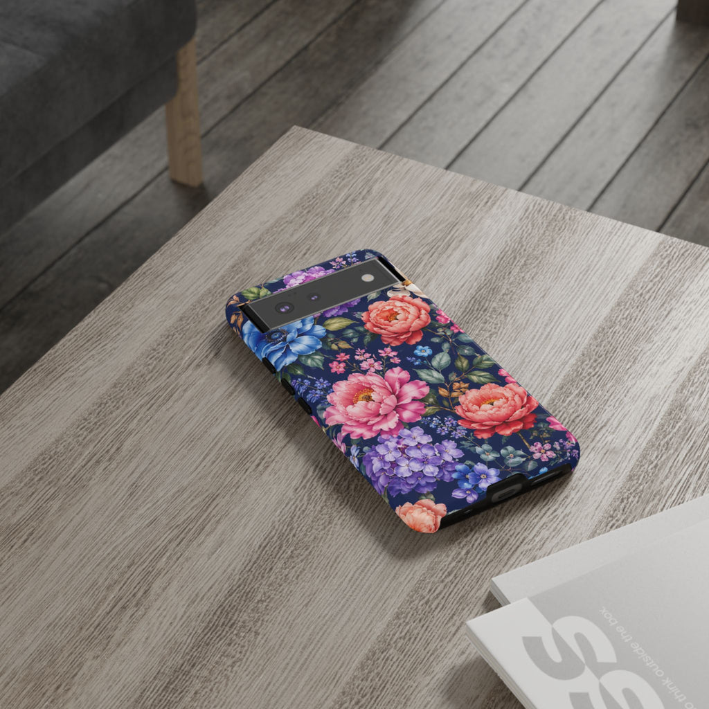 Floral Tough Phone Case – Vibrant Garden Flowers on Navy