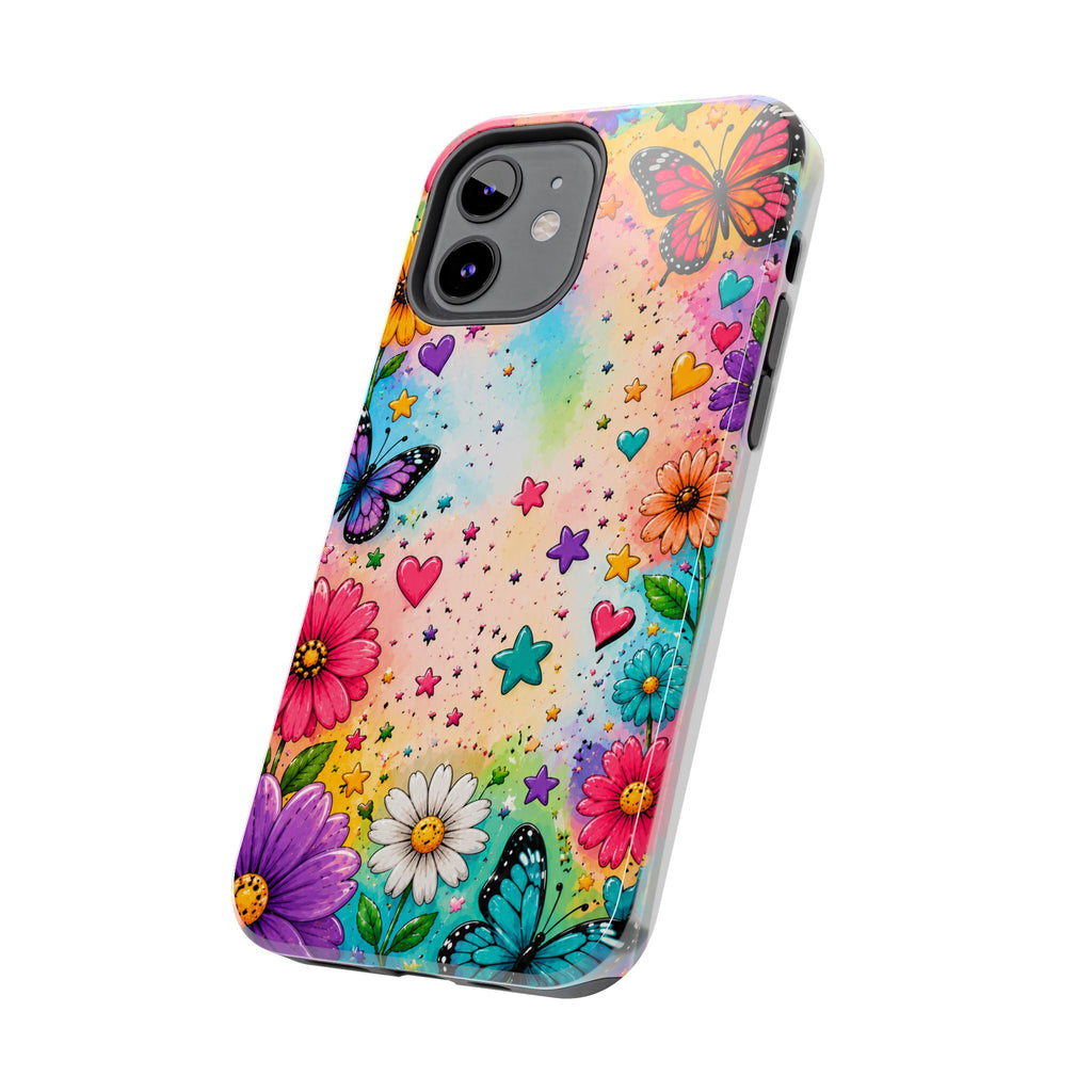 Colorful Butterflies and Flowers Tough Phone Case | Rainbow Hearts Stars