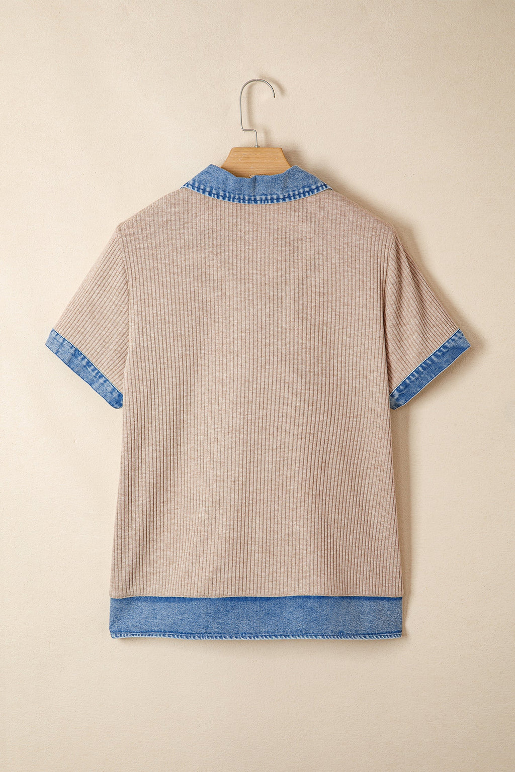 Denim Patchwork Ribbed Knit Collared Blouse
