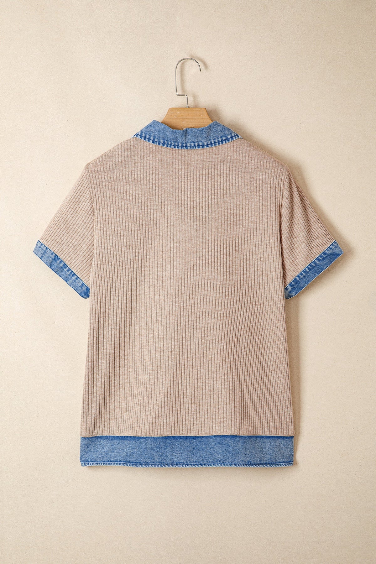 Denim Patchwork Ribbed Knit Collared Blouse