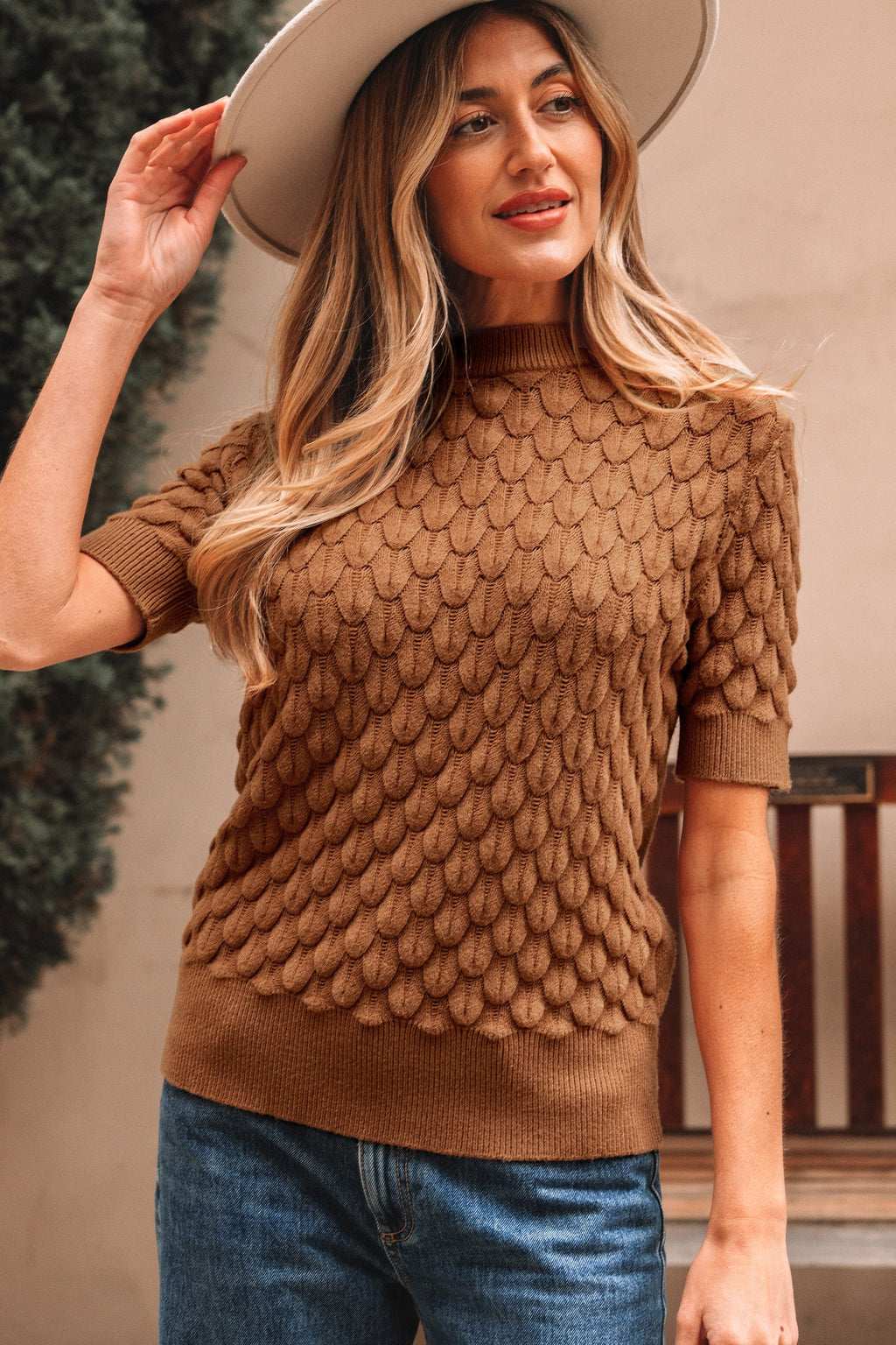 Fish Scale Textured Knit Short Sleeve Sweater
