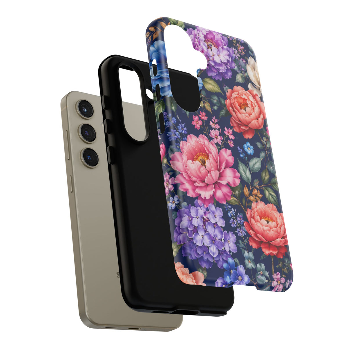 Floral Tough Phone Case – Vibrant Garden Flowers on Navy