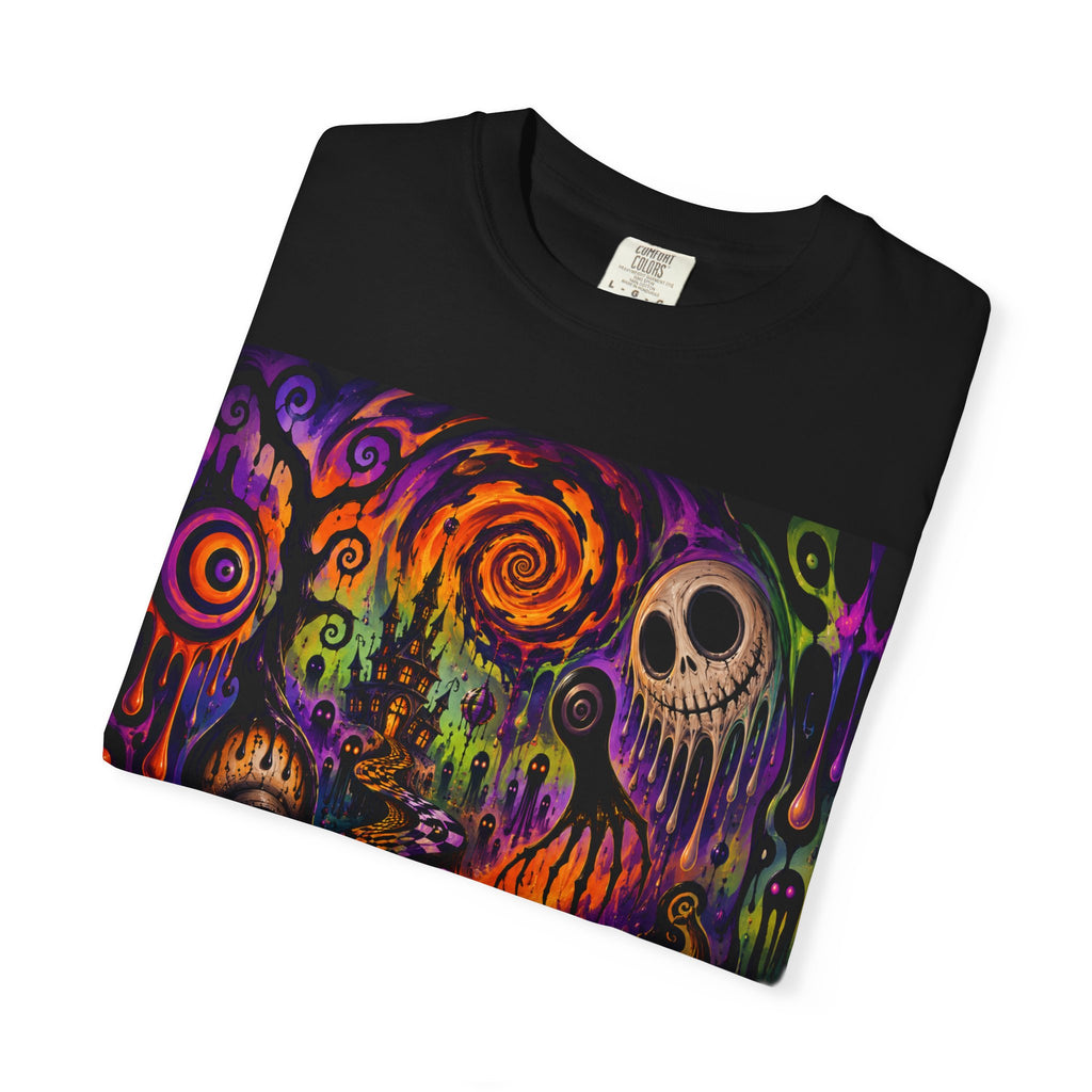 Halloween Psychedelic Tee — Neon Pumpkin & Skull Graphic T-Shirt