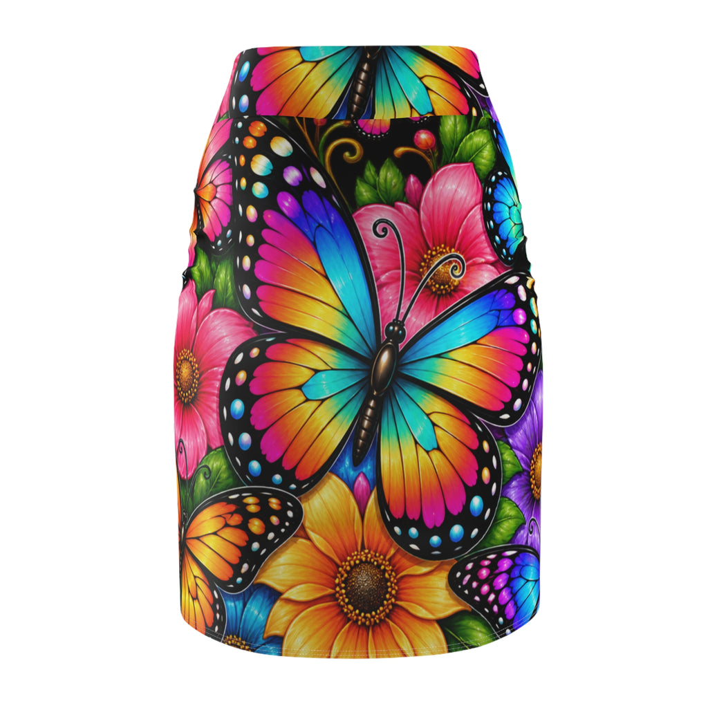Vibrant Butterfly Floral Pencil Skirt — Colorful All-Over Print