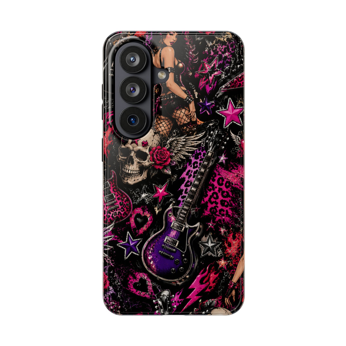 Rock Skull Guitar Phone Case — Edgy Pink Skull & Roses Tough Phone Case