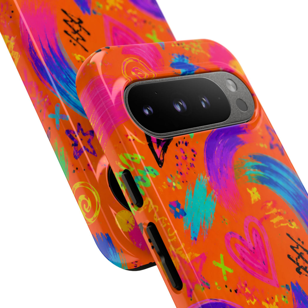 Colorful Neon Doodle Phone Case — Bright Abstract Stars & Hearts Tough Case