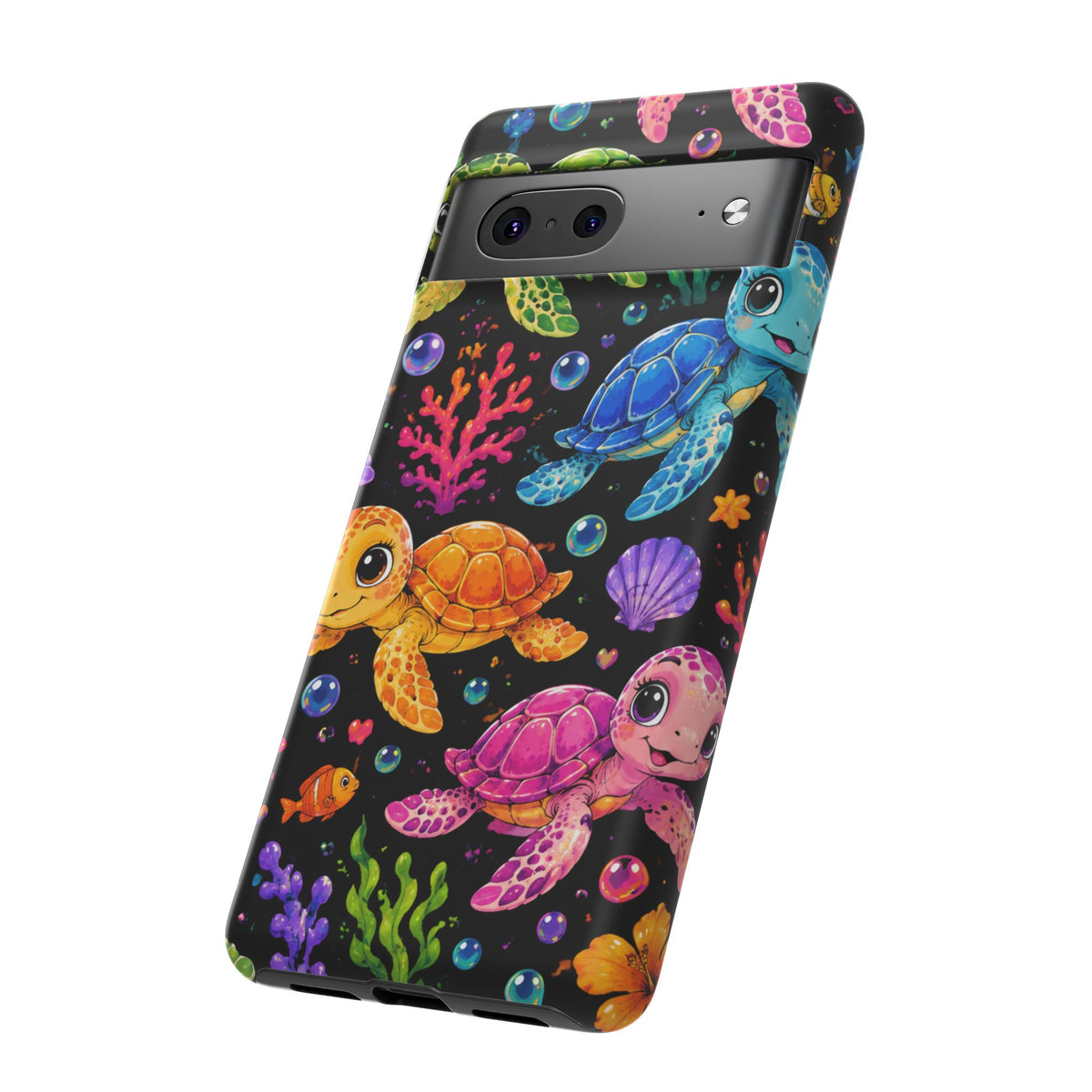 Phone Case — Colorful Cute Sea Turtles on Black (Protective Smartphone Cover)