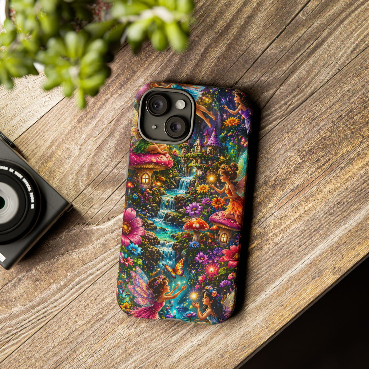 Fairy Garden Tough Phone Case — Whimsical Cottage, Waterfall & Mushroom Artwork